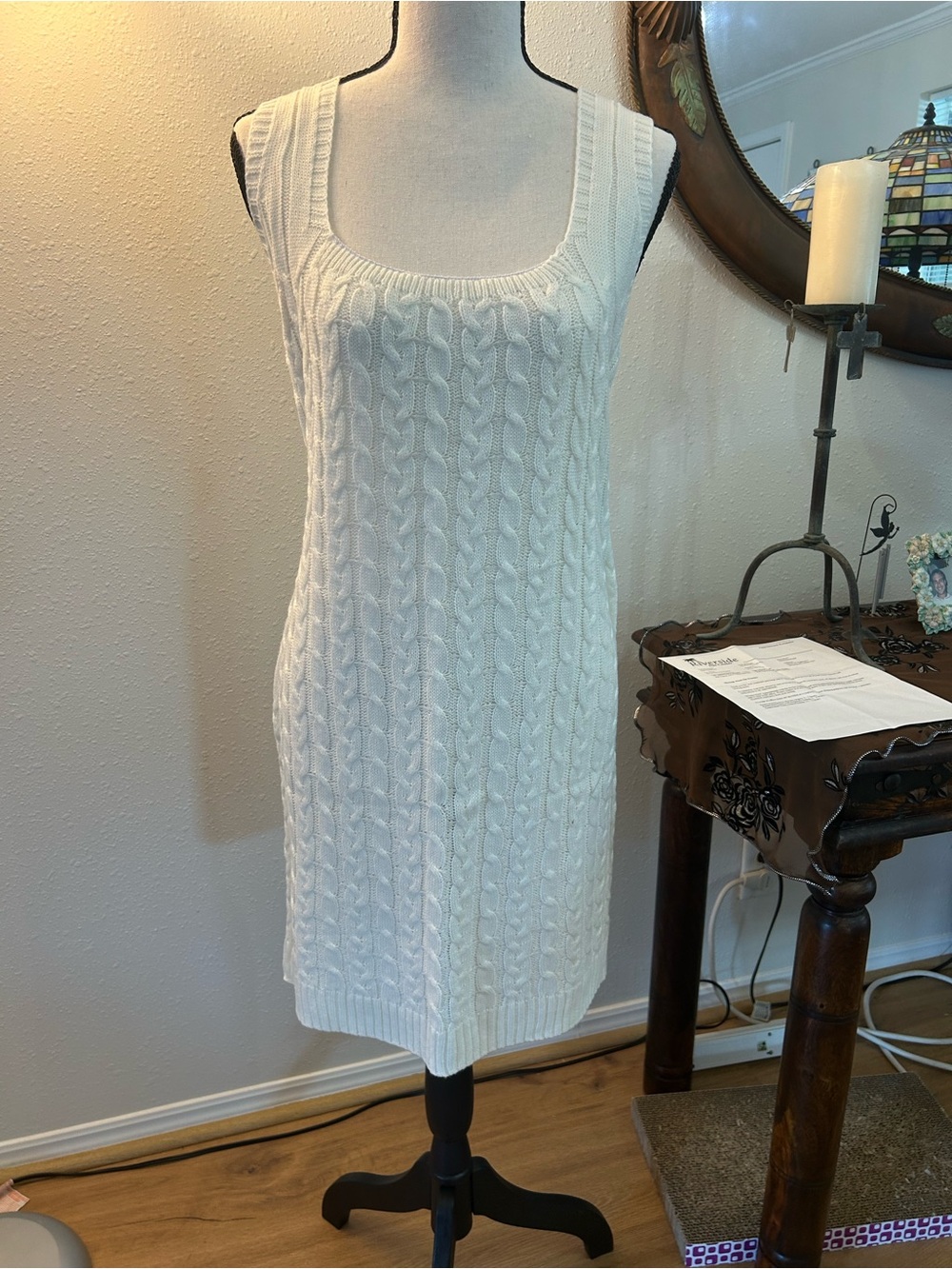 Cream Cable Knit Sleeveless Sweater Dress